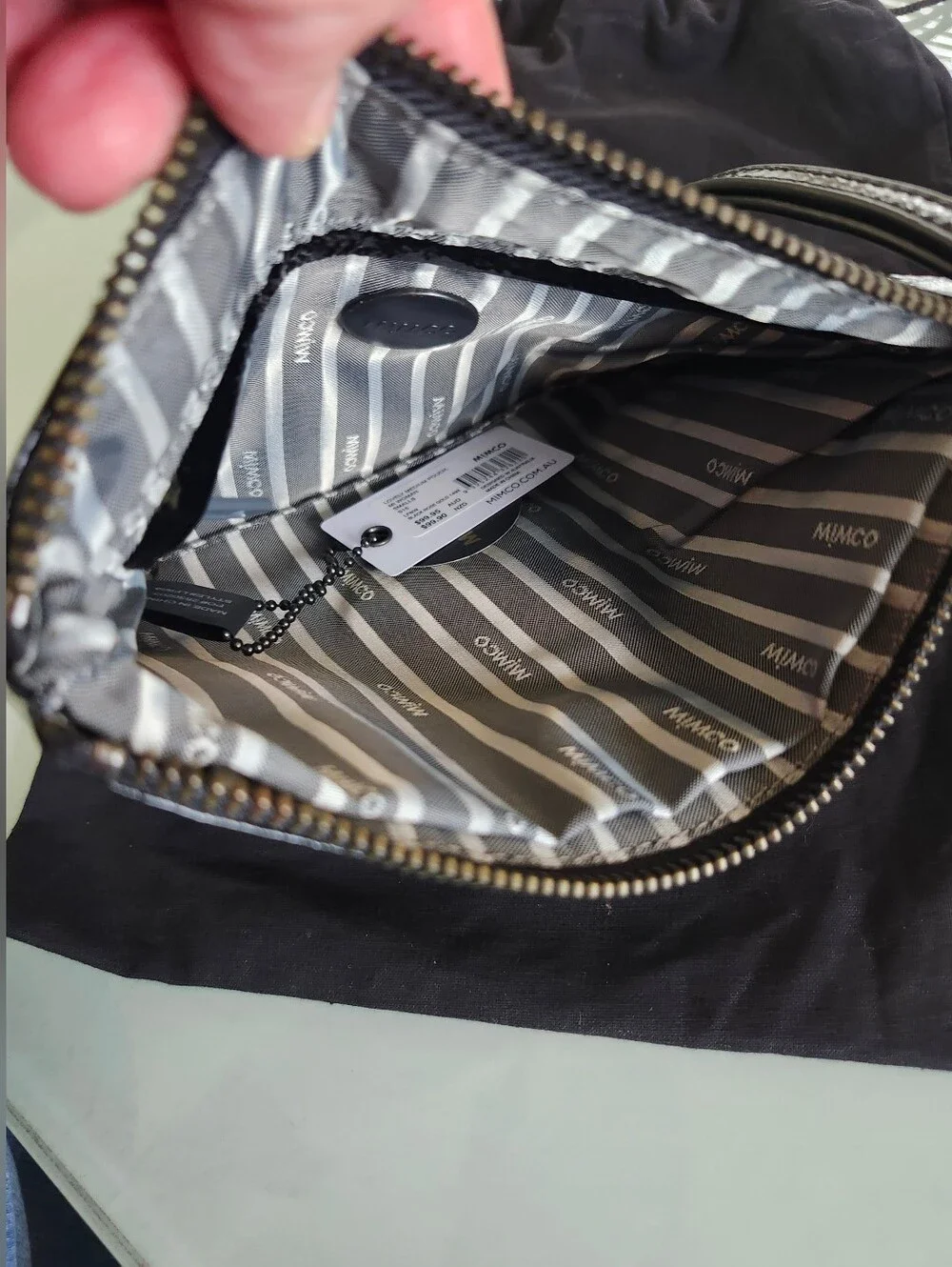 Mimco Black Patent Leather Wristlet with Rose Gold Logo Disc And Dustbag Lux New